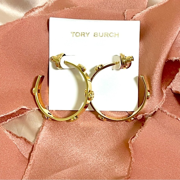 Tory Burch Miller Goldtone Logo Hoop Earrings - Picture 3 of 8